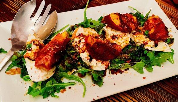 grilled peaches wrapped in prosciutto served w/ mozzarella