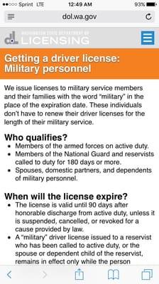 Screenshot from the Washington Department of Licensing website regarding military exceptions on expiration dates.