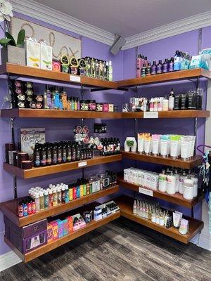 Massage oils, creams, & candles, warming & edible massage lotions, bubble bath, shave cream, pheromone perfumes, intimate wash