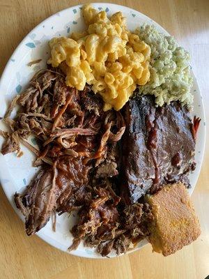 Mac and cheese, coleslaw, ribs, brisket, pulled pork and corn bread!!!