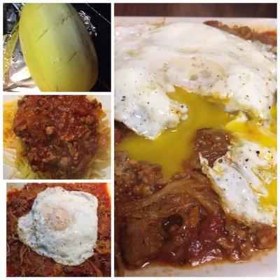 Saturday Breakfast! Spaghetti Squash with Meat Sauce(Beef&Turkey) with over easy Egg. All from MF.  2-4-2017