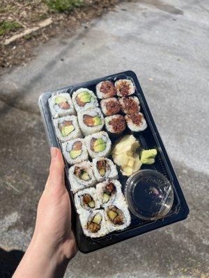 Maki rolls: salmon avocado, spicy tuna, and eel cucumber