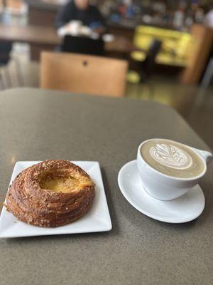 Passion fruit danish and sesame latte