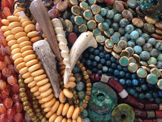 Antler, turquoise, bone, stone beads and pendants