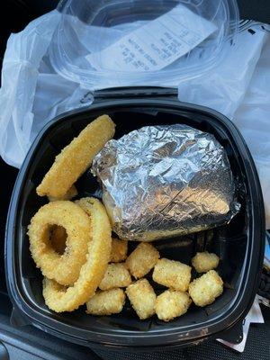 Truffle Burger with half tots and half onion rings!