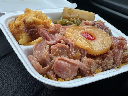 Mac N Cheese , Ham, Candy Yams, Green Beans, and Yellow Rice