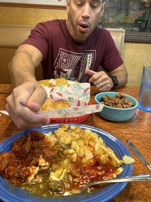 Carne adovada breakfast, pint of chicharrones (always) and a fajita burrito!