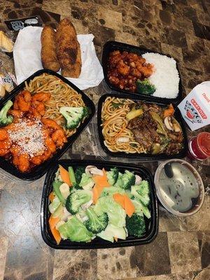 Sesame Chicken Combo w/low mein, Orange Chicken Combo w/white rice, Beef with Garlic Sauce Combo w/low mein, mixed veggies, & egg rolls