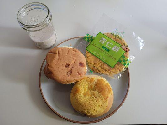 Sponge cake, coconut bun, and almond cookie