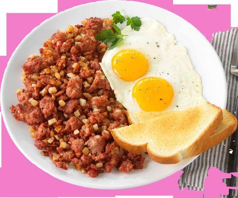 Famous Henry J's corned beef hash with two eggs any style, a buttermilk biscuit and honey!