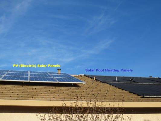 Both PV (Electric) Solar panels (left) and Pool Heating Solar panels (right).