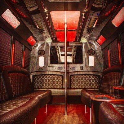 Interior of one of our brand new 22 passenger party buses with dance pole.