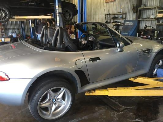 Beautiful silver BMW Z3M for service.