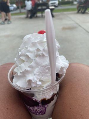 Hot fudge sundae with whipped cream, cherry, (missing the nuts).