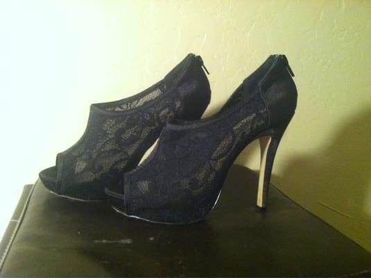 Black lace heels, poorly crafted, $50. See review for details.