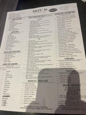 All you can eat menu