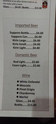 Alcohol Menu....I was charged $5.95 for wine