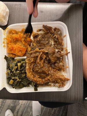 Fried pork chops(2) over rice, Yams, Greens