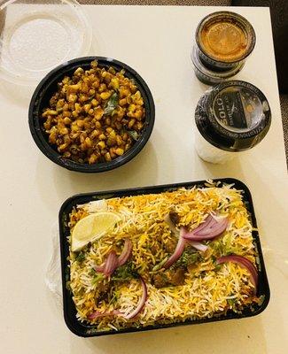 Goat Fry Biryani, Corn Masala