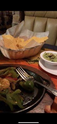 Shrimp Fajitas, Tortilla chips and Guacamole Dip