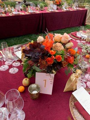 Wedding reception dinner tables.