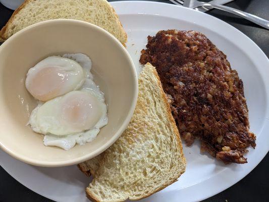 Poached eggs and corned beef hash at The Waffle, Mount Vernon