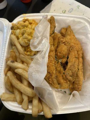 Fried whiting, fries and Mac and cheese