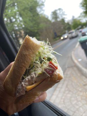 Tuna salad with cheddar cucumber and sprouts