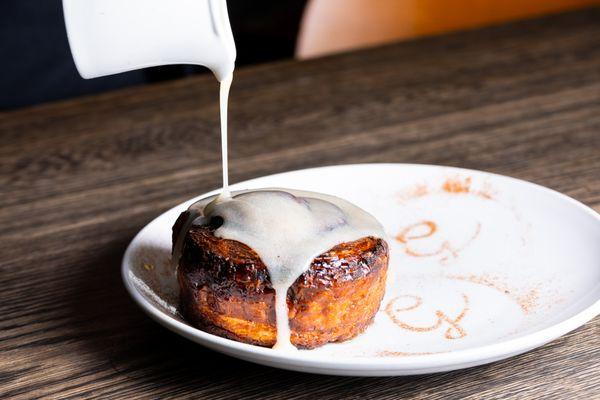 Fork & Knife Roll - giant cinnamon croissant roll, candied pecans, warm vanilla bean glaze