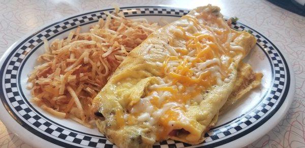 Veggies and Cheese (Build Your Own Omelet) with "haystack" hashbrowns