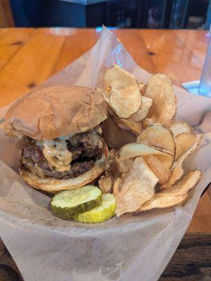 Bacon Double Smash Burger with homemade chips