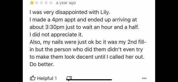 Lily is a horrible nail tech. Do not let her touch your nails or you will get fungus. She works at Crystal nails off lee rd. Orlando fl