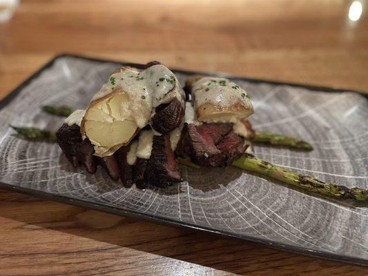 Hanger Steak with pressed duck fat potatoes and asparagus