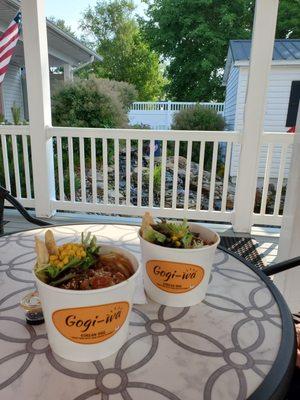 Grilled Chicken Korean BBQ Cup and Spicy Pork Korean BBQ Cup. Plus a beautiful fountain for ambience.