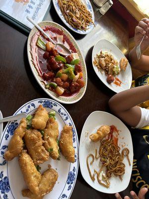 Salt and pepper fish, sweet and sour pork and chicken chow mein.