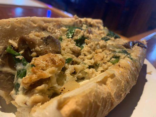 Spinach & Garlic Chicken Cheesesteak- chopped chicken, mozzarella cheese, spinach, garlic, mushrooms and onions