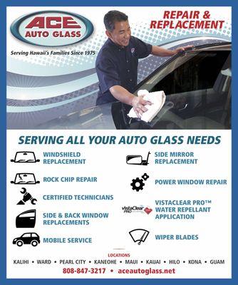 Ace Auto Glass offers a full service menu for all of your auto glass needs.