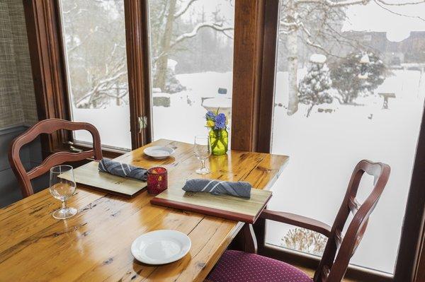 The windows offer great views of snow, birds, and historic barns.