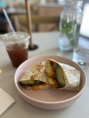 Breakfast burrito, iced americano and water with mint