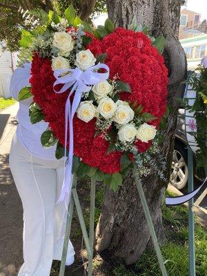 Red heart with white roses - beautifully done! There were more white roses, but some were taken by family after the service.