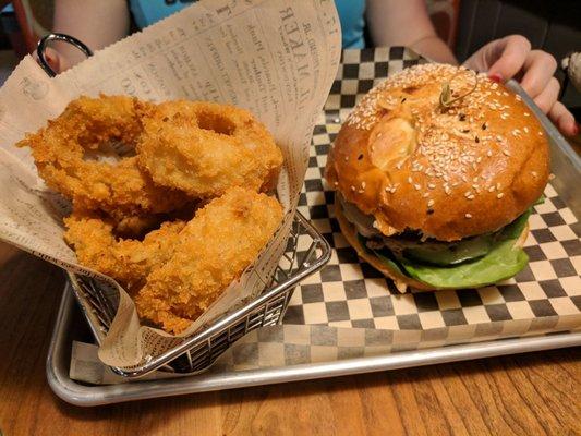 Veggie burger with onion rings