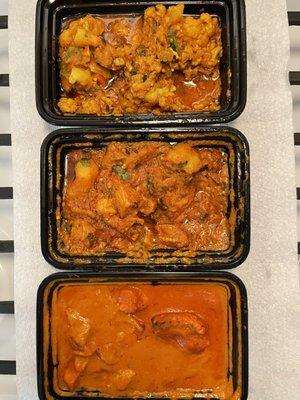 From top to bottom, Aloo Gobi, Chicken Vindaloo and Chicken Tikka Masala.