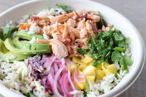 Miso salmo bowl over cilantro-lime rice