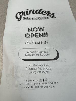 Grinders is open