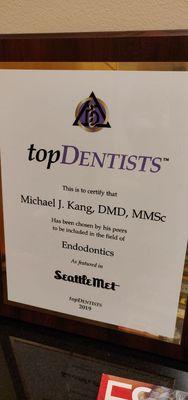 Selected by his peers as Top Dentist. Does any other Endodontist in Seattle have this honorable recognition?