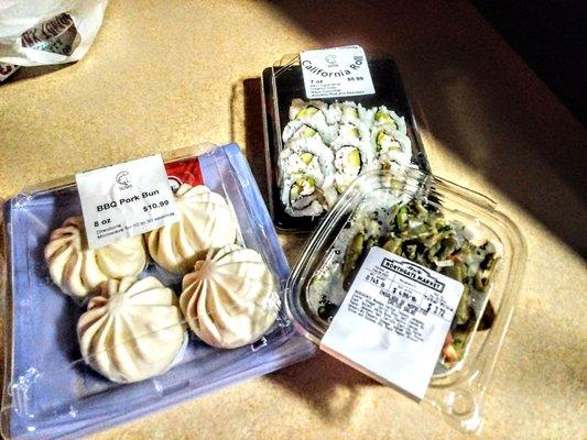 pork buns cactus and some California sushi Northgate market on 43rd Street next to the entrance to the highway