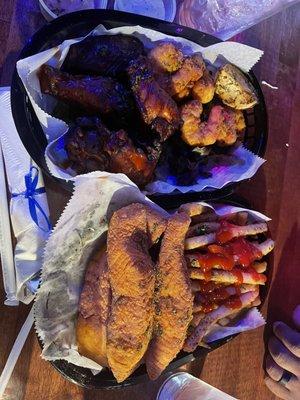 Salmon Tenders & Fries  Wing & Shrimp Basket with Fries