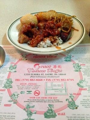 Grace Chinese Buffet - Pineapple Chicken, Broccoli Chicken, Fried Roll, Lo Mein and Rice.