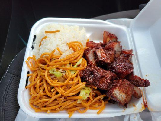 BBQ pork single item meal with steamed rice and chow mein. Delicious!