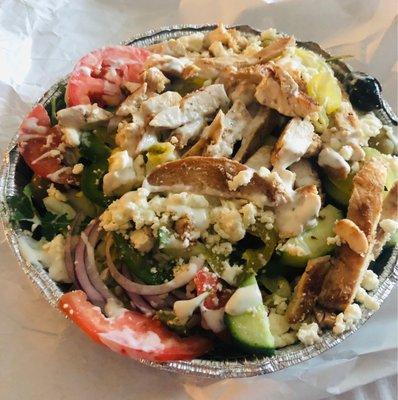 Delicious Greek Salad with Grilled Chicken the BEST local Pizzeria!